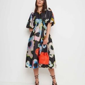 STINE GOYA NWOT Orange and Blue Puff Sleeve Midi Sundress